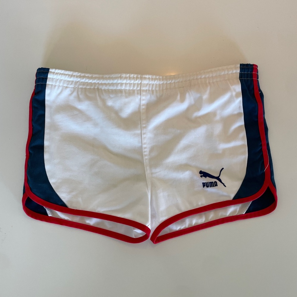 Vintage Puma Boys White Shorts with Navy and Red Trim